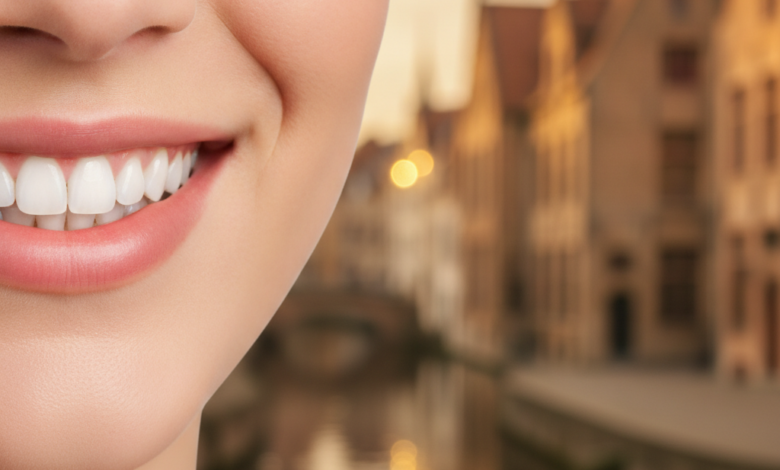 Close-up of a healthy, bright smile with pristine teeth, set against a softly blurred background featuring the characteristic canal-side historic buildings and quaint streets of Bruges, Belgium.