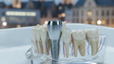 A close-up, photorealistic view of a titanium dental implant post being surgically integrated into a detailed anatomical jawbone model, set against a softly blurred background featuring the iconic cityscape of Antwerp, Belgium.