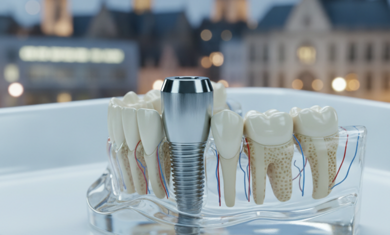 A close-up, photorealistic view of a titanium dental implant post being surgically integrated into a detailed anatomical jawbone model, set against a softly blurred background featuring the iconic cityscape of Antwerp, Belgium.