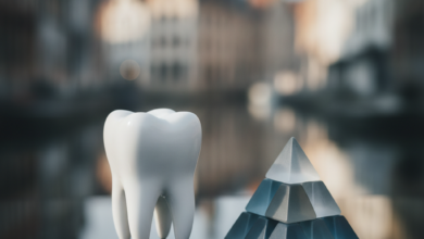 A close-up, photorealistic image of a clean dental model representing a molar tooth, placed next to abstract, non-textual geometric tokens symbolizing cost or value. The background is a deeply blurred, atmospheric view of historic Ghent architecture and canals, under soft, diffused light.