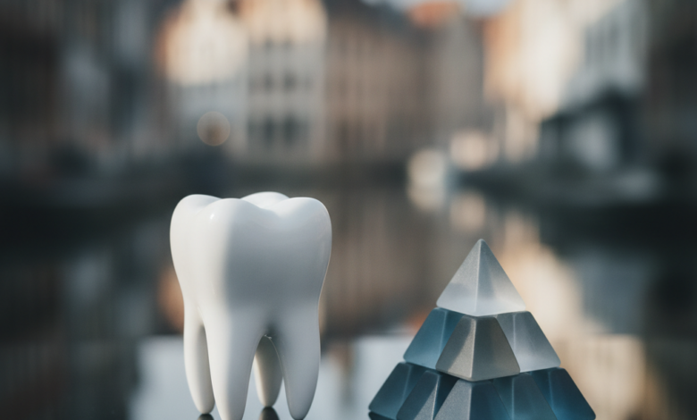 A close-up, photorealistic image of a clean dental model representing a molar tooth, placed next to abstract, non-textual geometric tokens symbolizing cost or value. The background is a deeply blurred, atmospheric view of historic Ghent architecture and canals, under soft, diffused light.