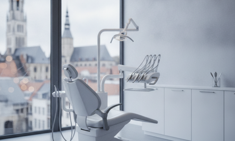A pristine, modern dental clinic interior featuring a sleek dental chair in the foreground. Through a large window, a blurred but recognizable cityscape of Ghent, Belgium, is visible in the background. The lighting is soft and professional, emphasizing a clean and reassuring environment.