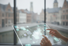 A close-up of a person's hands near an abstract digital interface on a tablet or screen in a modern dental clinic, with a highly blurred view of Ghent, Belgium, visible through a window in the background.