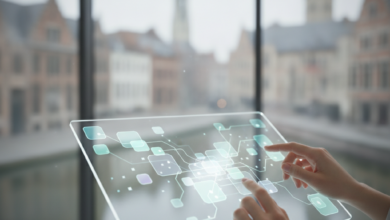 A close-up of a person's hands near an abstract digital interface on a tablet or screen in a modern dental clinic, with a highly blurred view of Ghent, Belgium, visible through a window in the background.