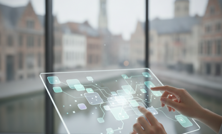A close-up of a person's hands near an abstract digital interface on a tablet or screen in a modern dental clinic, with a highly blurred view of Ghent, Belgium, visible through a window in the background.