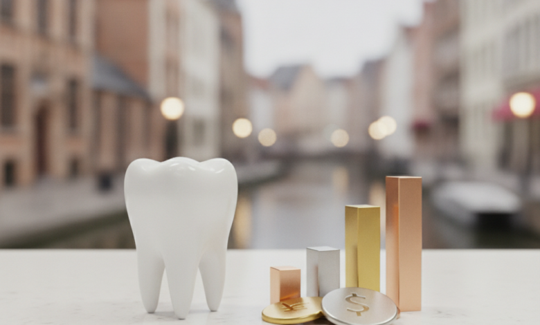 A stylized white tooth model on a clean surface, next to abstract, non-identifiable shapes suggesting varying financial costs. The background is a very blurred image of Ghent's historic cityscape, with hints of medieval buildings and canals. The lighting is soft and cinematic, with a shallow depth of field.