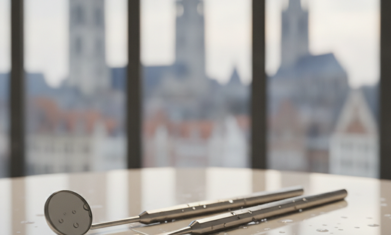 Close-up of polished, gleaming dental instruments, including a mirror and probe, resting on a sterile white surface in a modern clinic. In the blurred background, the distinct architecture of Ghent, Belgium, is visible under bright, clear lighting.